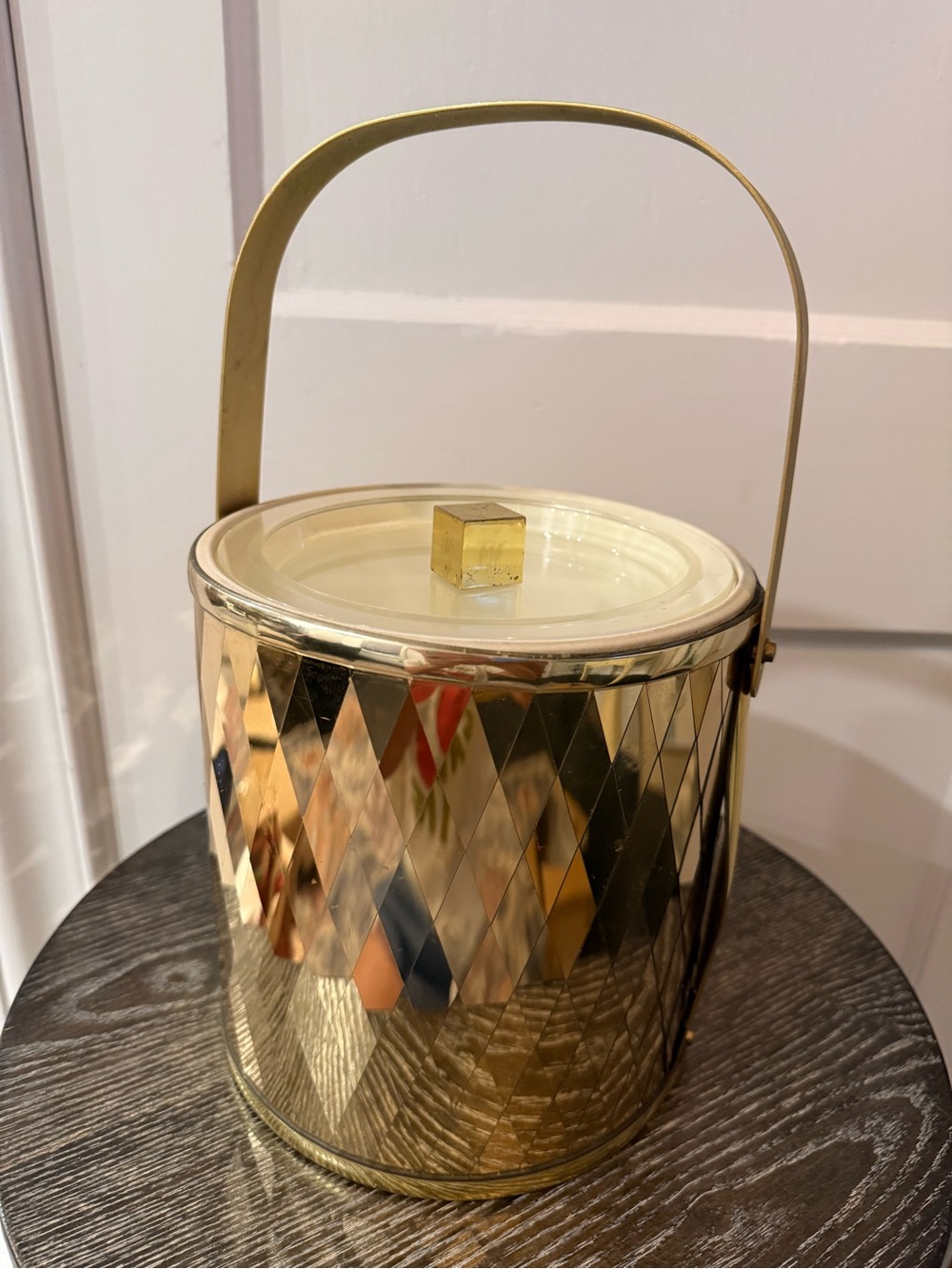 Vintage MCM Gold Diamond-Patterned Ice Bucket with Handle George Briard
